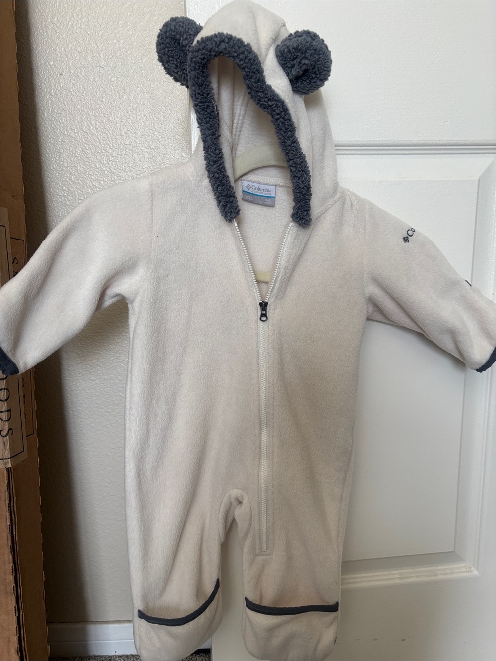 Columbia Cream Fleece Baby One-Piece with Dark Gray Trim and Hood Ears
